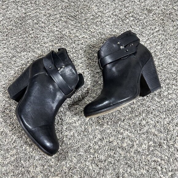 Rag & Bone Boots Black Harrow Leather Cuban Heel Ankle Boots Womens Sz 38 US 7,5 - Picture 1 of 9